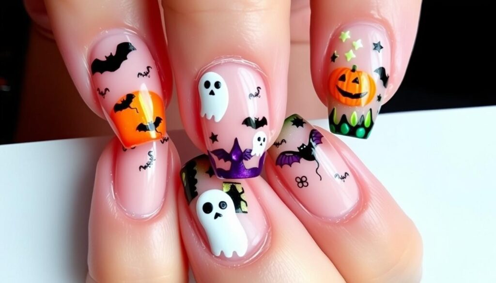 Gelnägel für Halloween mit gruseligen Motiven und bunten Akzenten