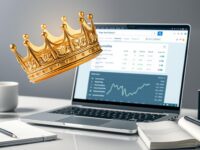 Eine Krone über einem Laptop mit Keyword-Recherche-Tools und Suchergebnissen, symbolisiert den Keywordkönig