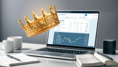 Eine Krone über einem Laptop mit Keyword-Recherche-Tools und Suchergebnissen, symbolisiert den Keywordkönig