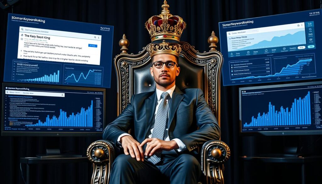 Keywordkönig 2025 - So wirst du zum Meister über die Keywords 5 Eine Person mit einer Krone, die auf einem Thron sitzt, umgeben von Keyword-Daten und Ranking-Grafiken, symbolisiert den Keywordkönig